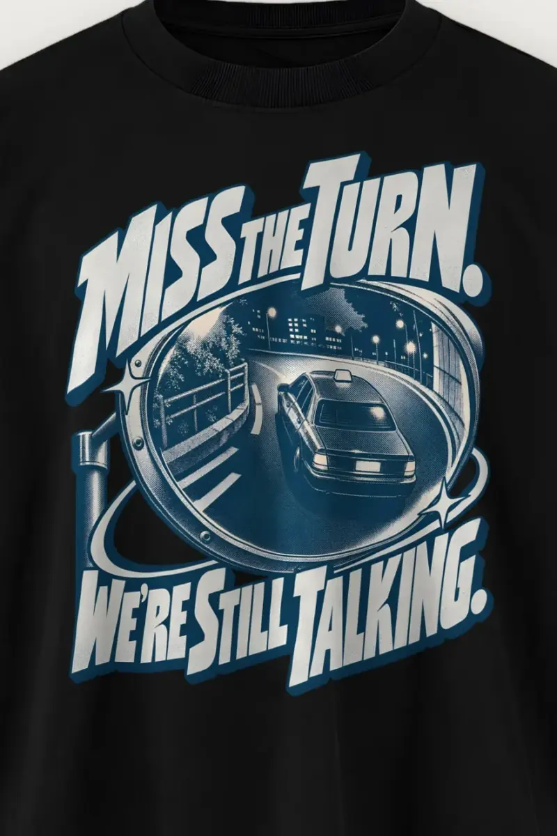 "Miss the Turn" Men’s Oversized Heavyweight Crewneck T-Shirt - the graphic up close