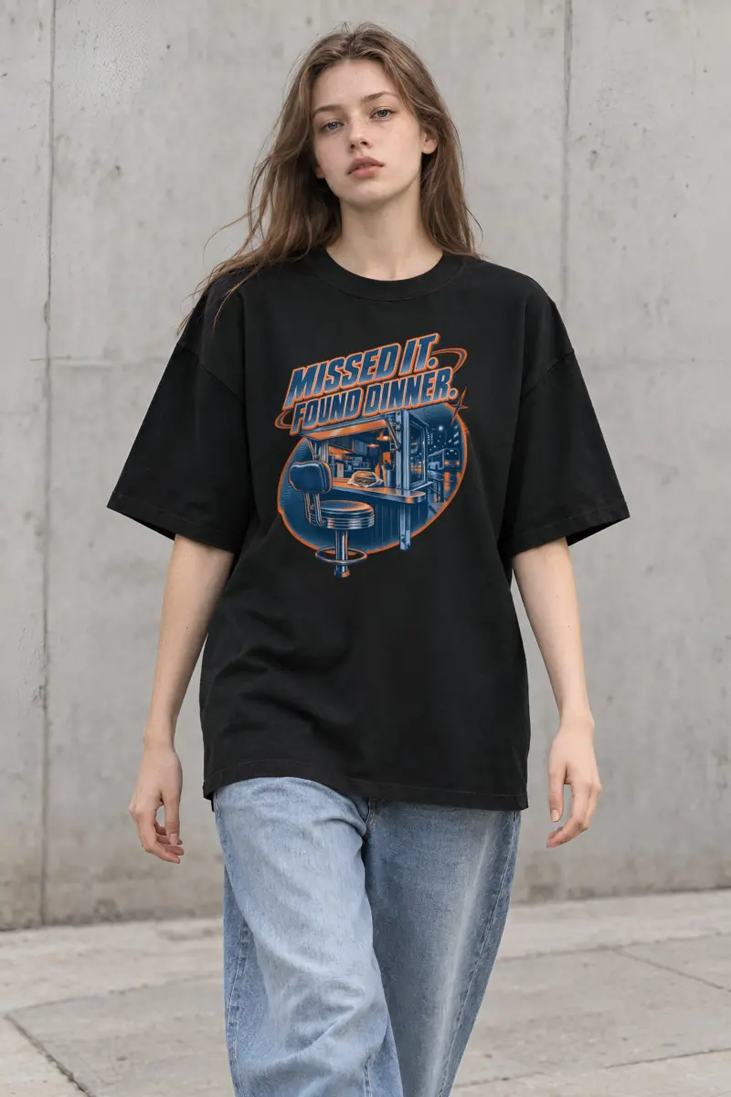 "Missed It. Found Dinner." Unisex Oversized Heavyweight Crewneck T-Shirt