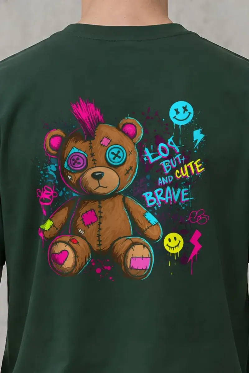 "Mohawk Toy Bear" Heavyweight Unisex Crewneck T-shirt - the graphic up close