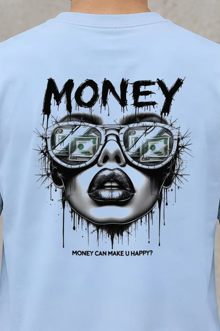 "Money Can Make U Happy?" Heavyweight Unisex Crewneck T-shirt - the graphic up close