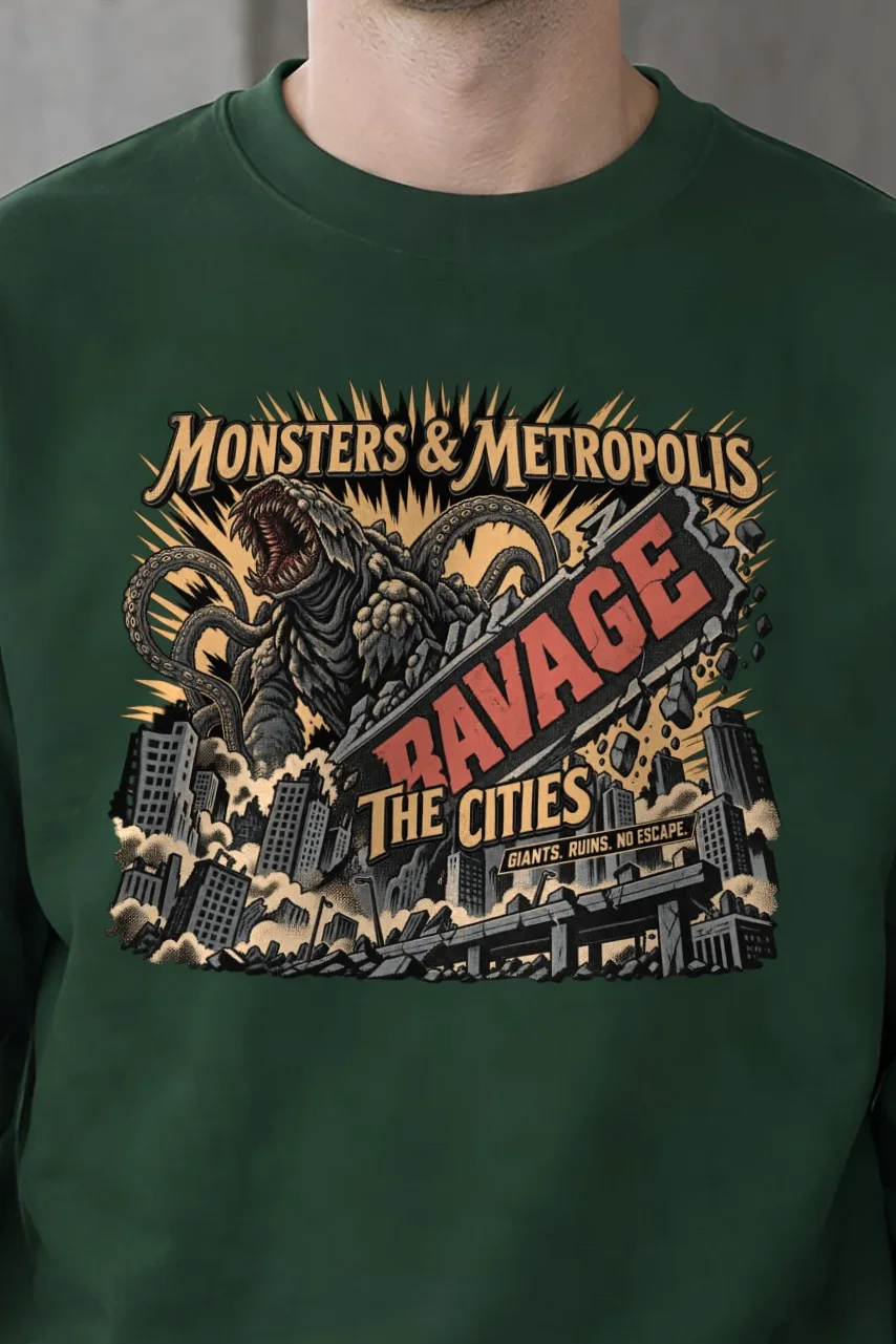 "Monsters & Metropolis" 1 Crewneck Sweatshirt - the graphic up close