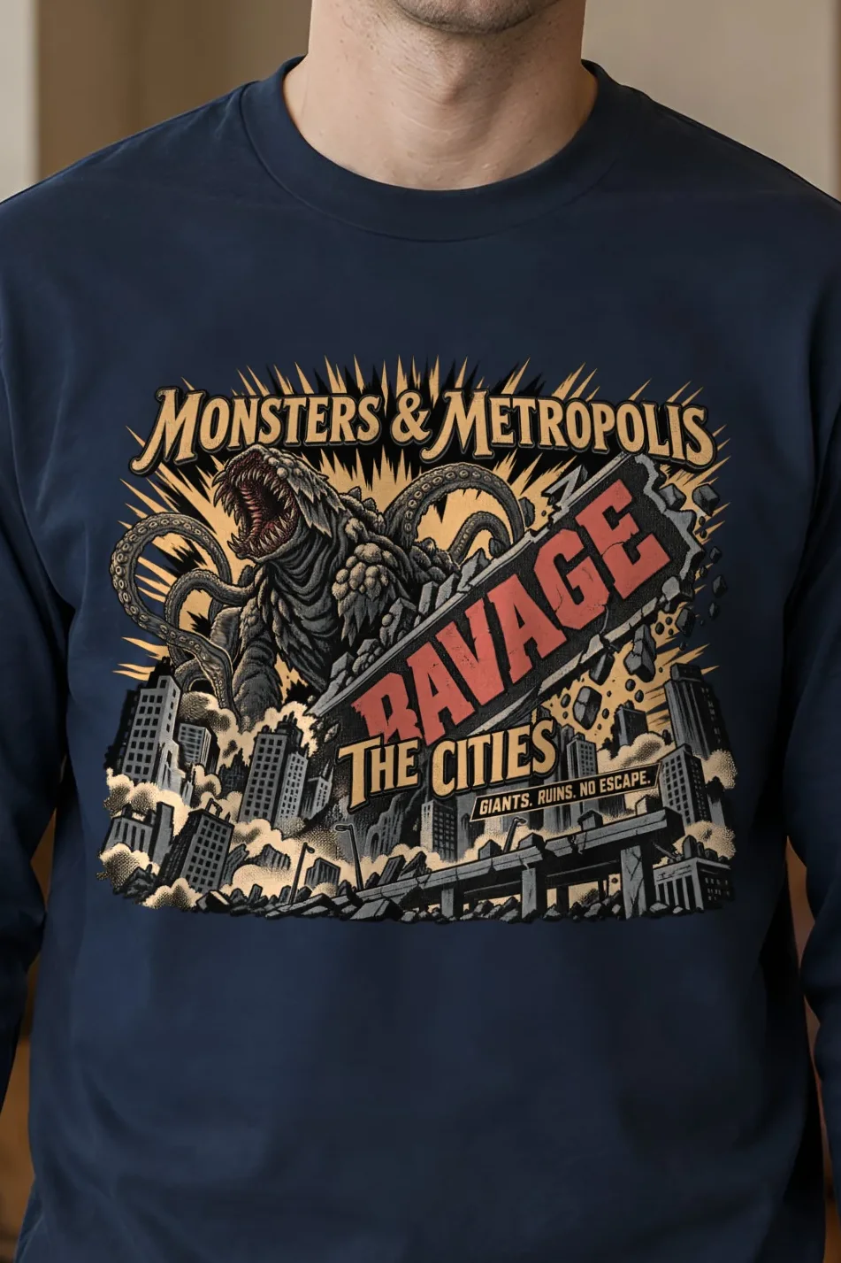 "Monsters & Metropolis" Unisex Longsleeve T-shirt - the graphic up close