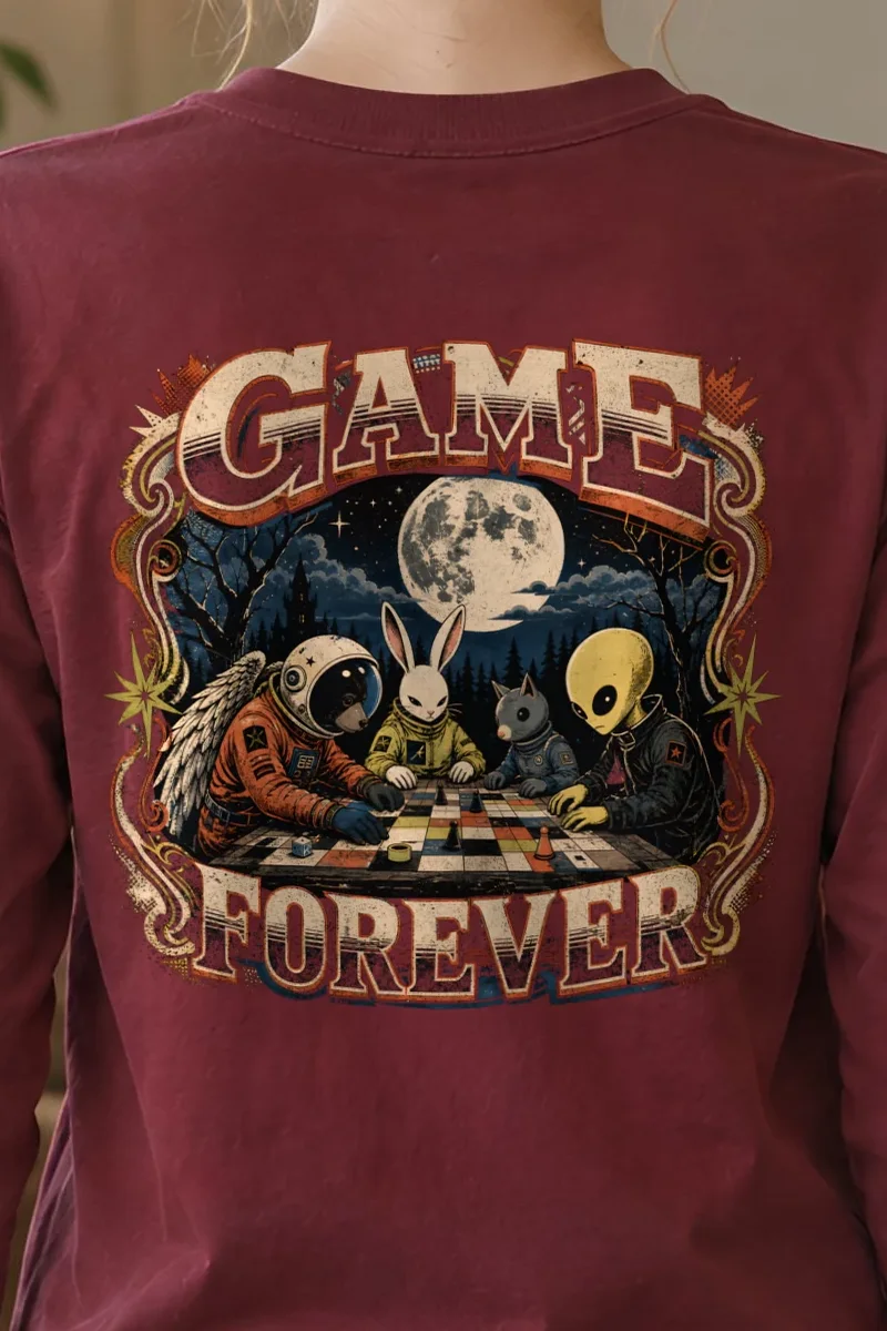 "Moonlit Chess Club" Unisex Longsleeve T-shirt - the graphic up close