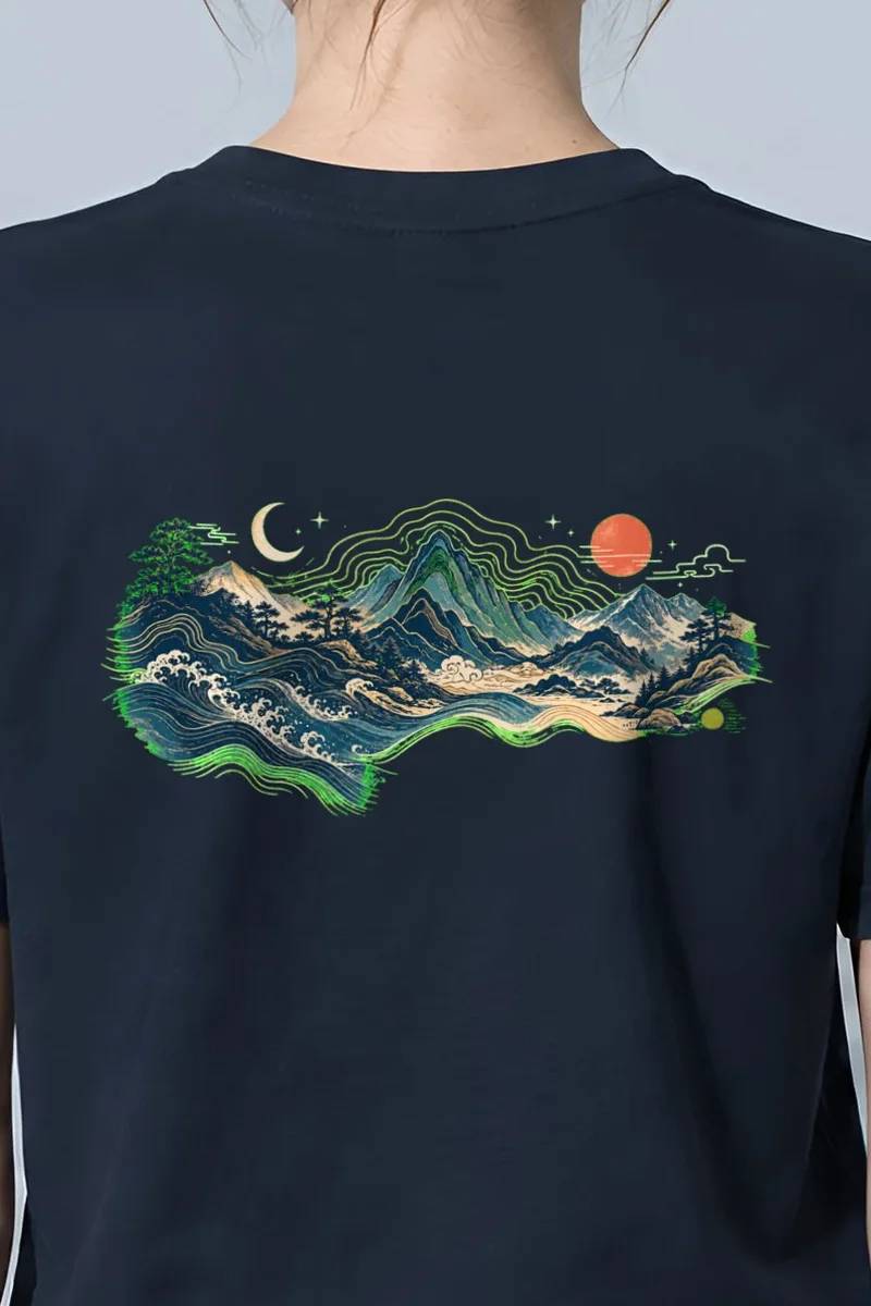 "Moonlit Coastal Peaks" Heavyweight Unisex Crewneck T-shirt - the graphic up close