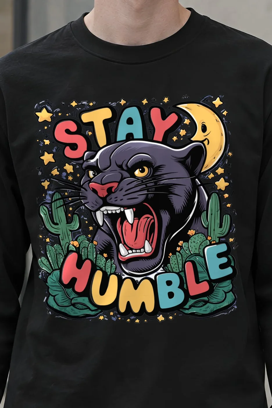 "Moonlit Desert Roar" Unisex Longsleeve T-shirt - the graphic up close