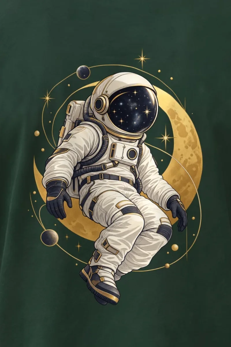 "Moonlit Star Collector" Heavyweight Unisex Crewneck T-shirt - the graphic up close