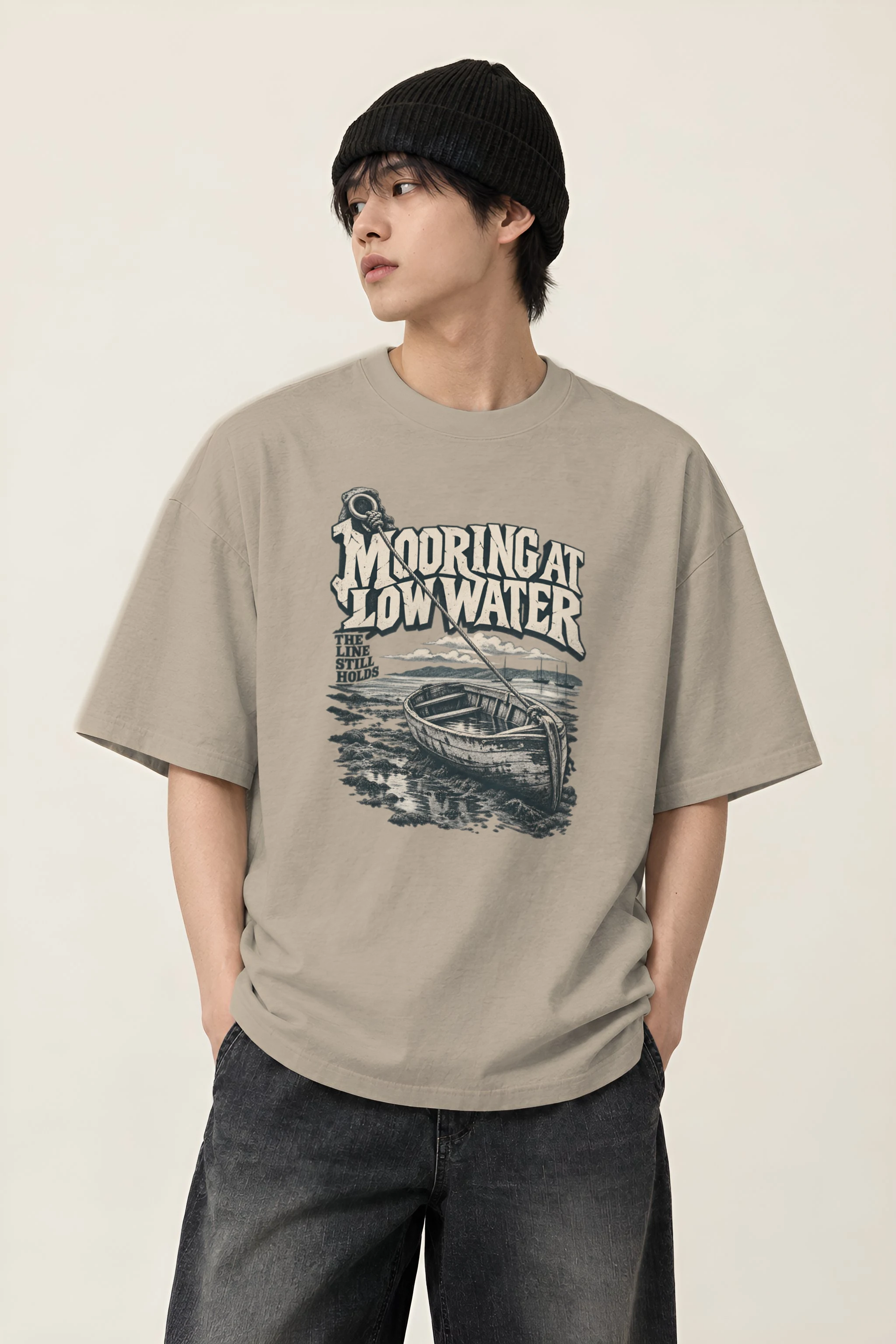"Mooring at Low Water" Men's Oversized Heavyweight Crewneck T-Shirt