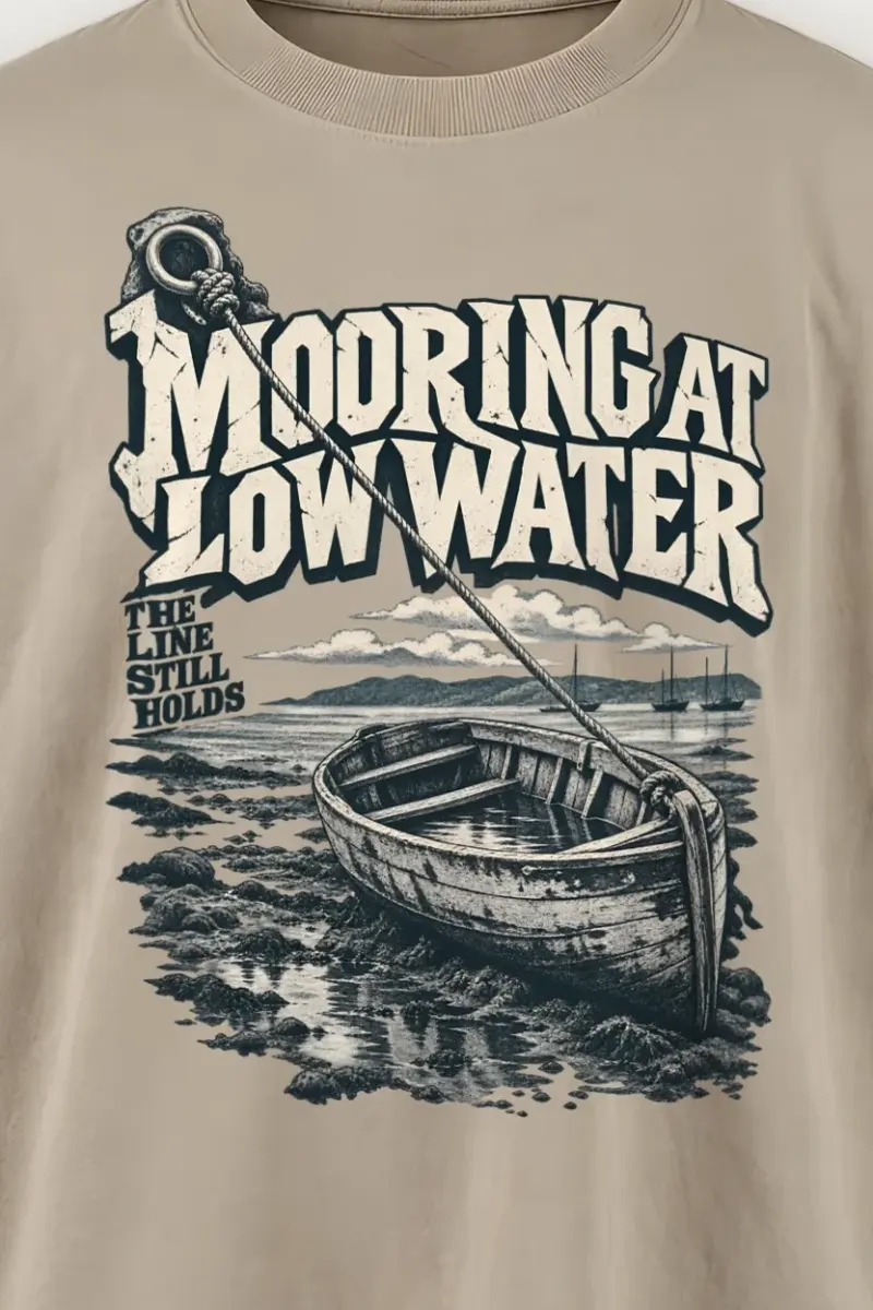 "Mooring at Low Water" Men’s Oversized Heavyweight Crewneck T-Shirt - the graphic up close