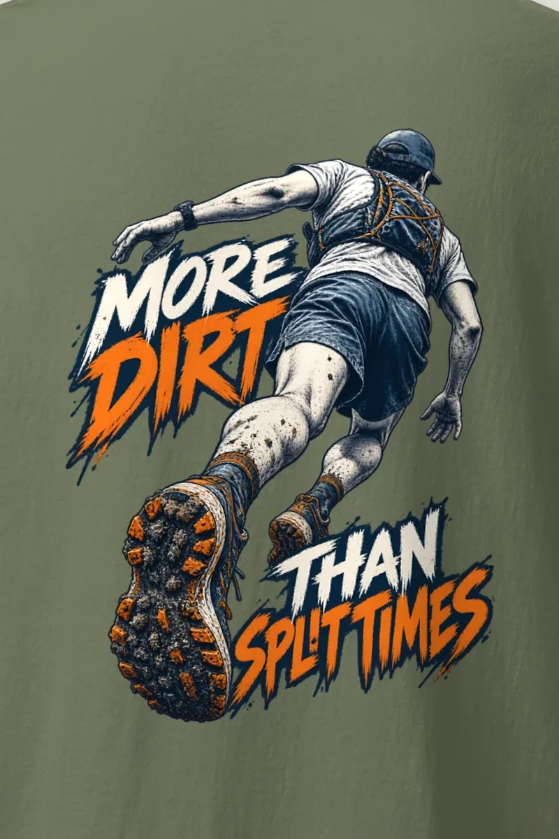 "More Dirt Than Split Times" Heavyweight Unisex Crewneck T-shirt - the graphic up close