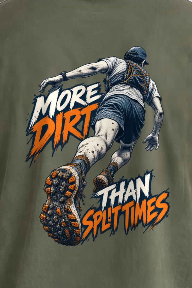 "More Dirt Than Split Times" Heavyweight Unisex Crewneck T-shirt - the graphic up close
