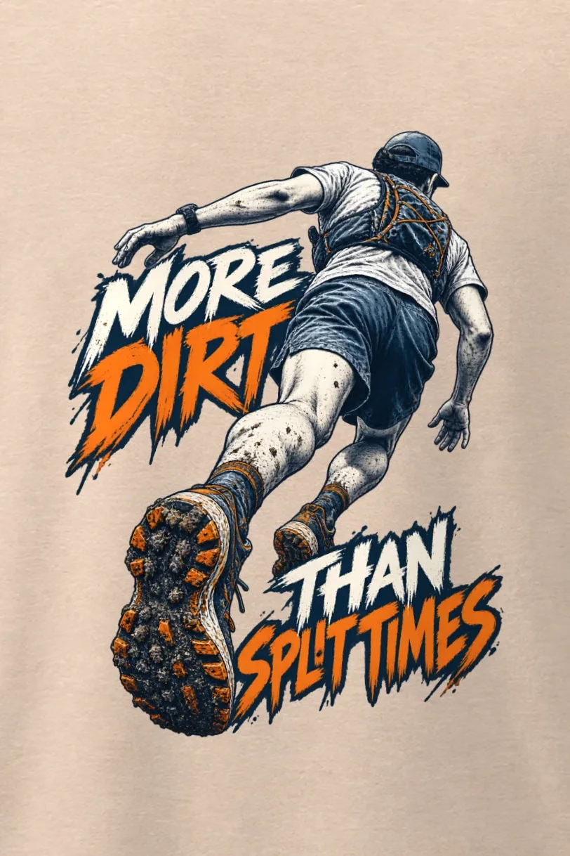 "More Dirt Than Split Times" Men’s Oversized Heavyweight Crewneck T-Shirt - the graphic up close