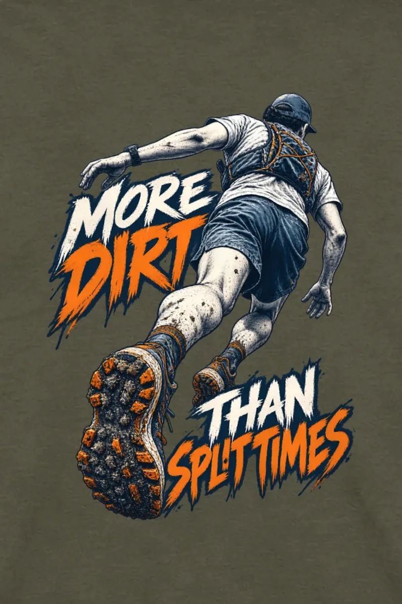 "More Dirt Than Split Times" Unisex Longsleeve T-shirt - the graphic up close