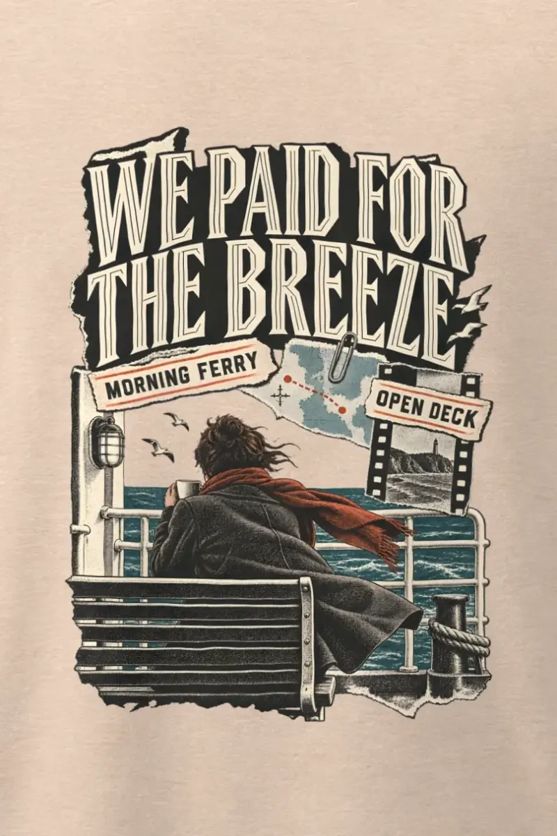 "Morning Ferry" Men’s Oversized Heavyweight Crewneck T-Shirt - the graphic up close