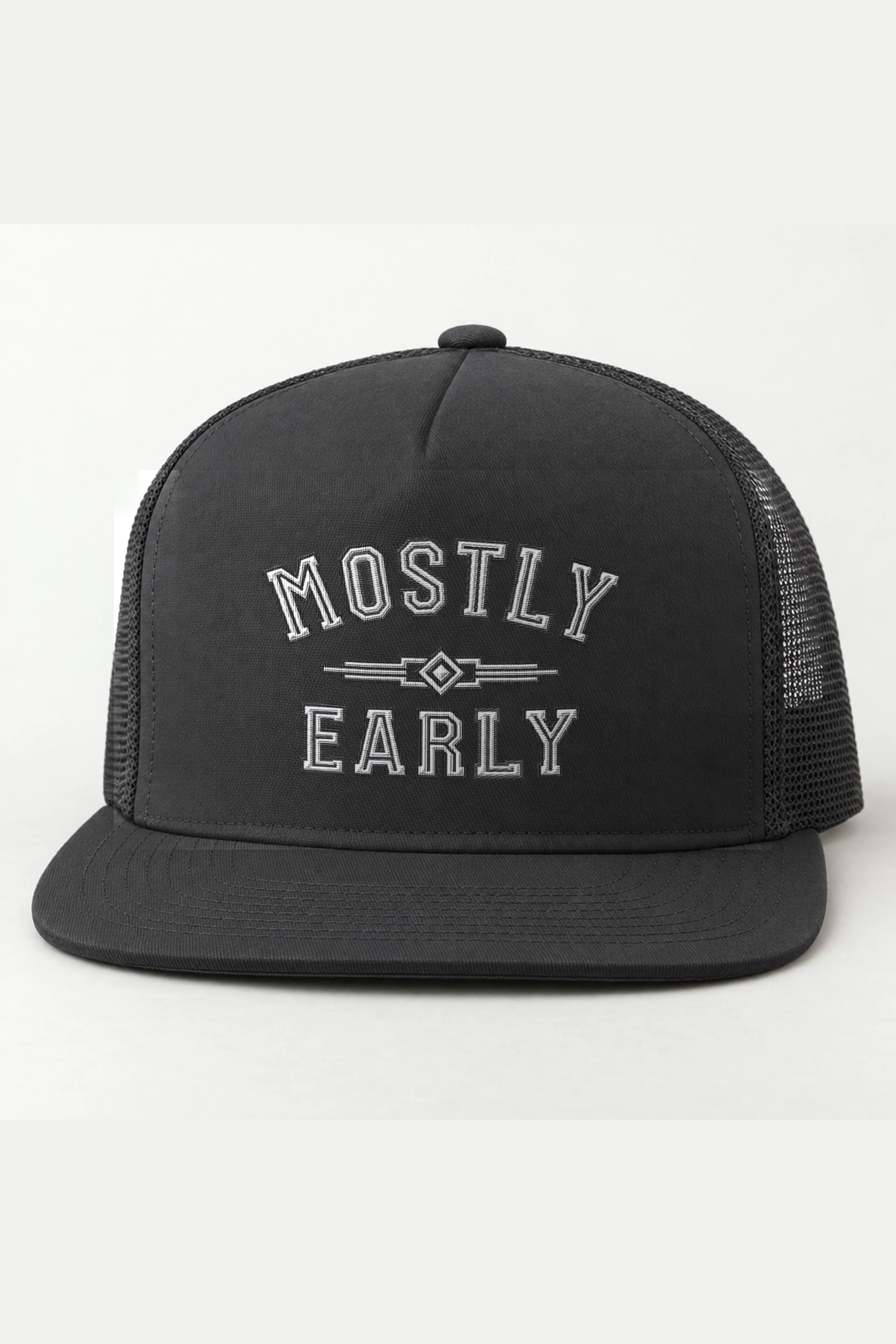 "Mostly Early" 5 Panel Trucker Cap · Embroidered