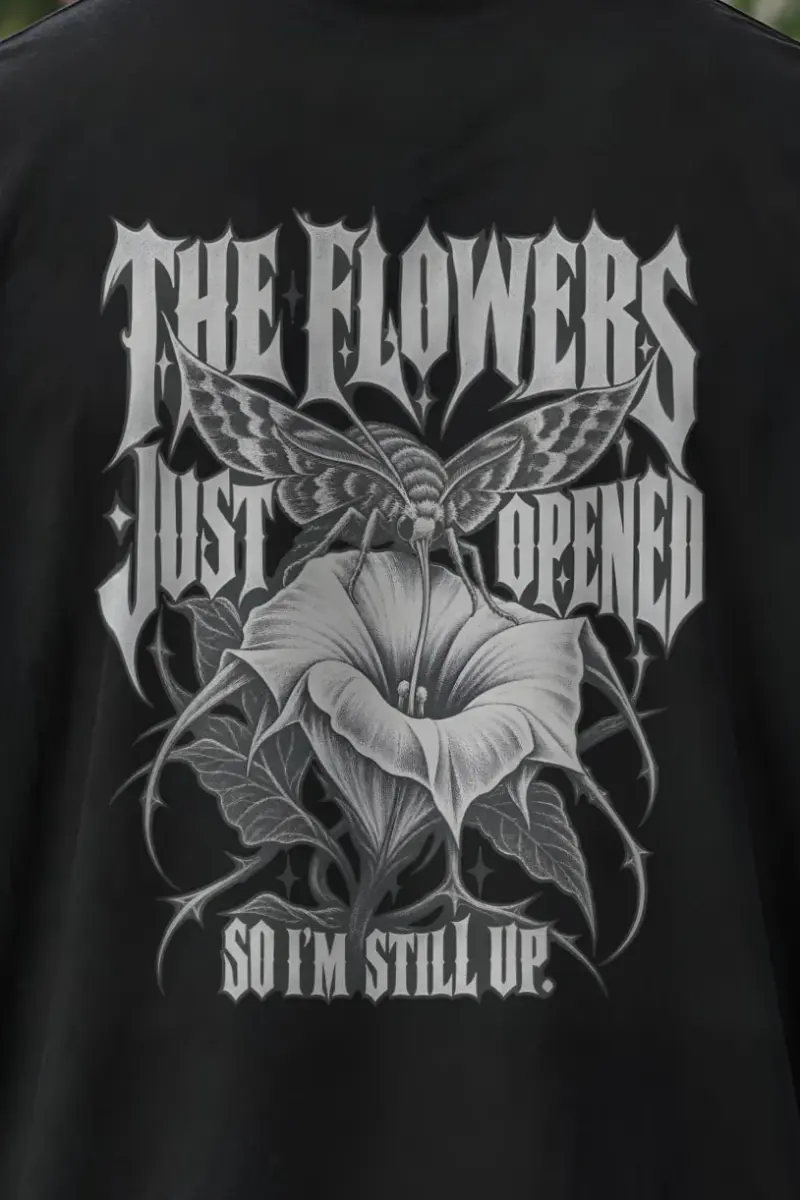 "Moth And Trumpet Flower" Men’s Oversized Heavyweight Crewneck T-Shirt - the graphic up close