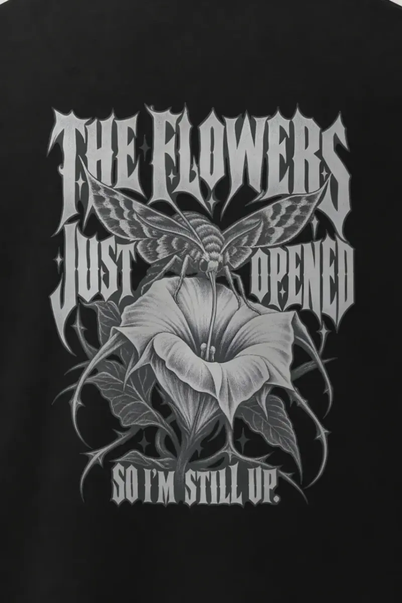 "Moth And Trumpet Flower" Men’s Oversized Heavyweight Crewneck T-Shirt - the graphic up close