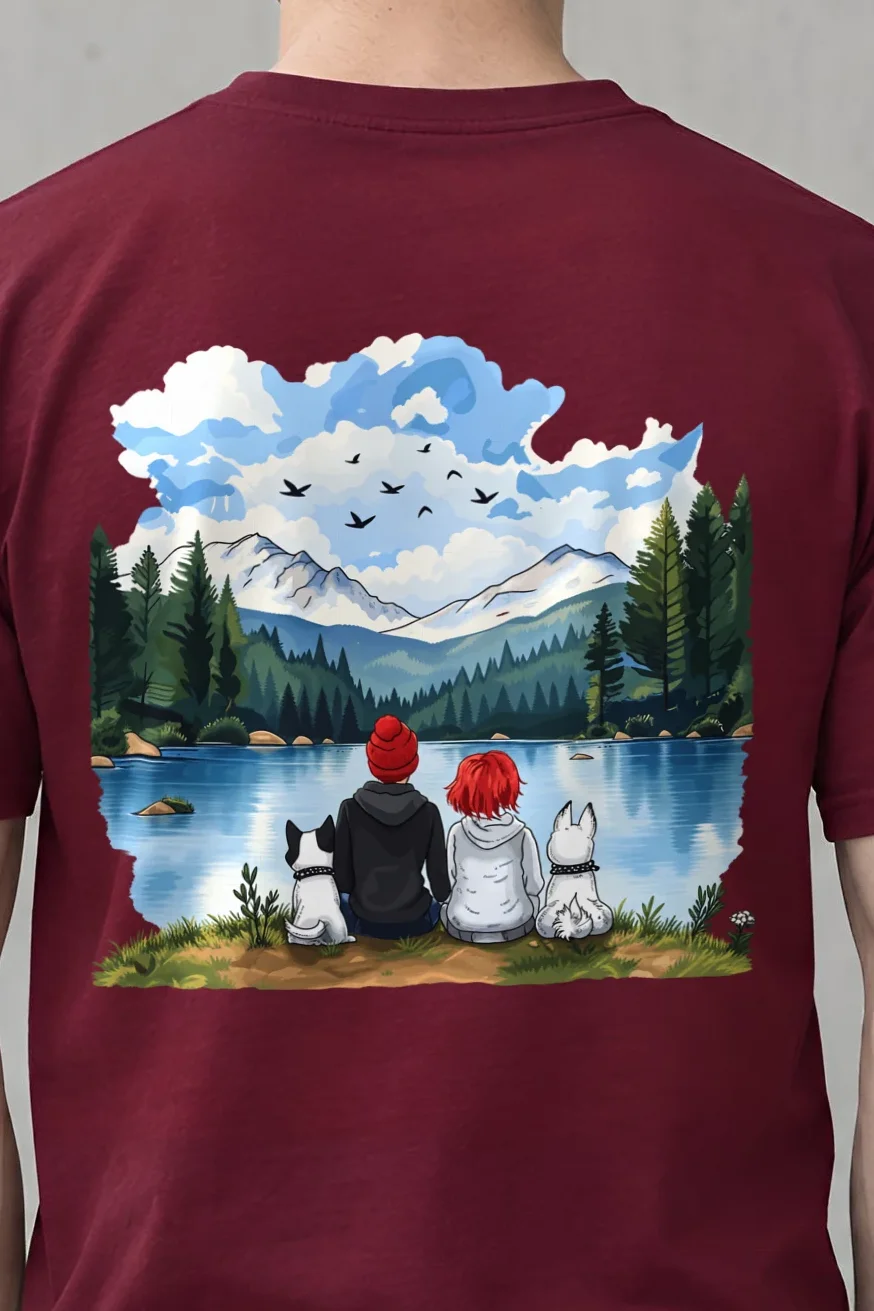 "Mountain Lake Companions" Heavyweight Unisex Crewneck T-shirt - the graphic up close