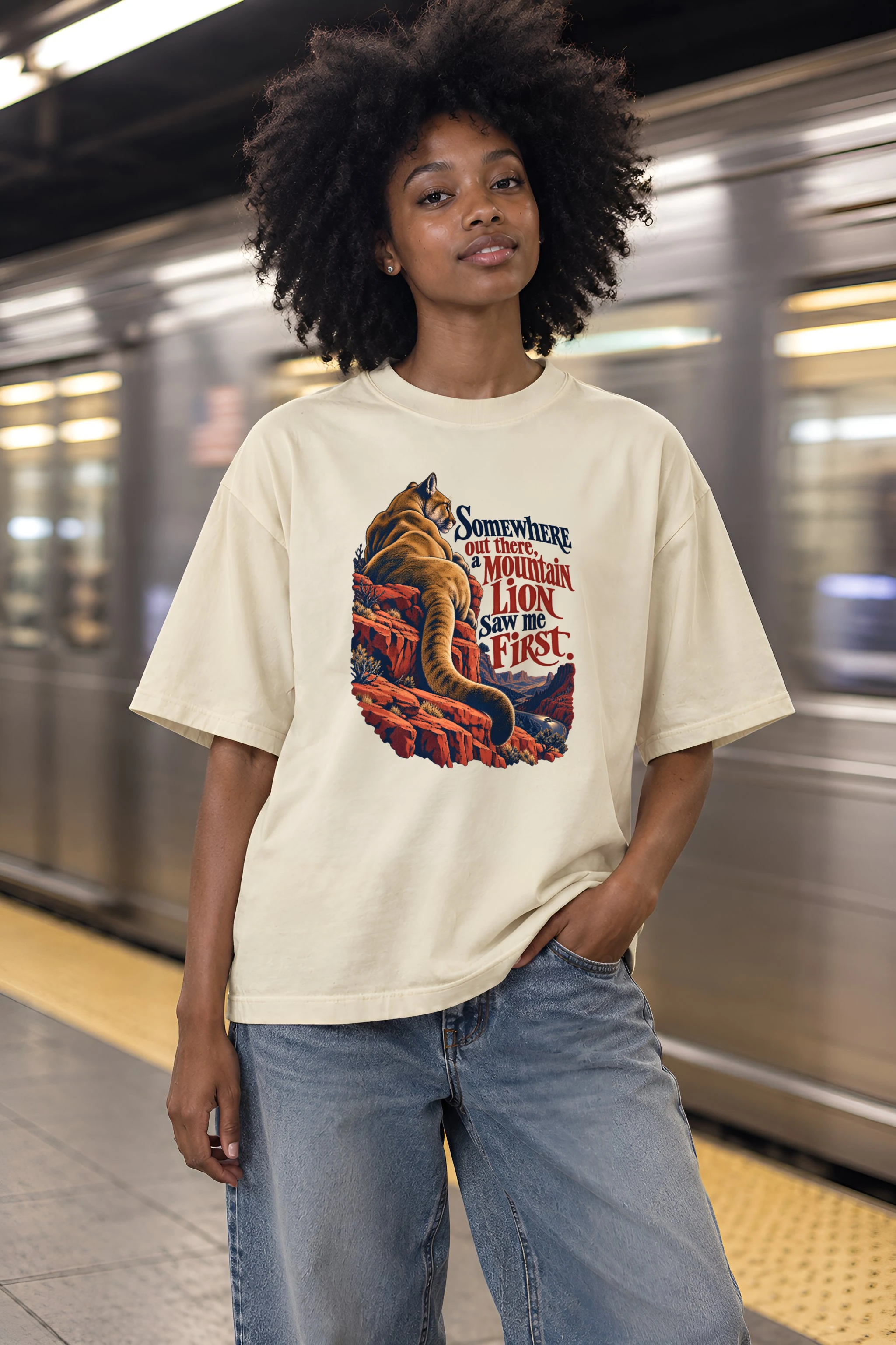 "Mountain Lion Saw Me First" Unisex Oversized Heavyweight Crewneck T-Shirt