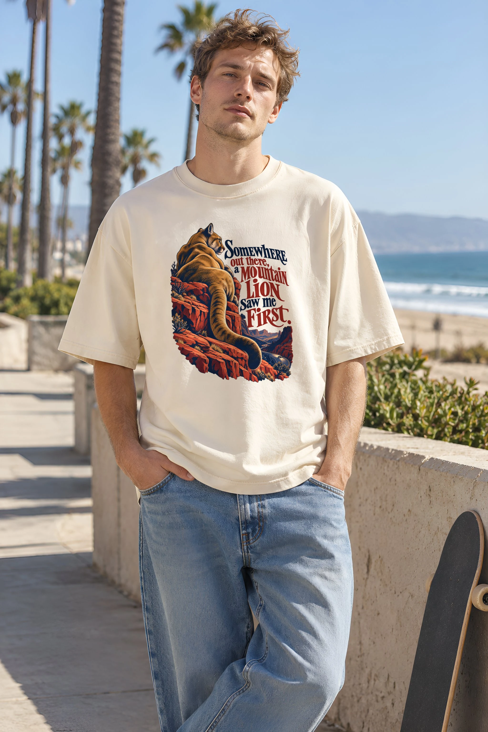 "Mountain Lion Saw Me First" Unisex Oversized Heavyweight Crewneck T-Shirt
