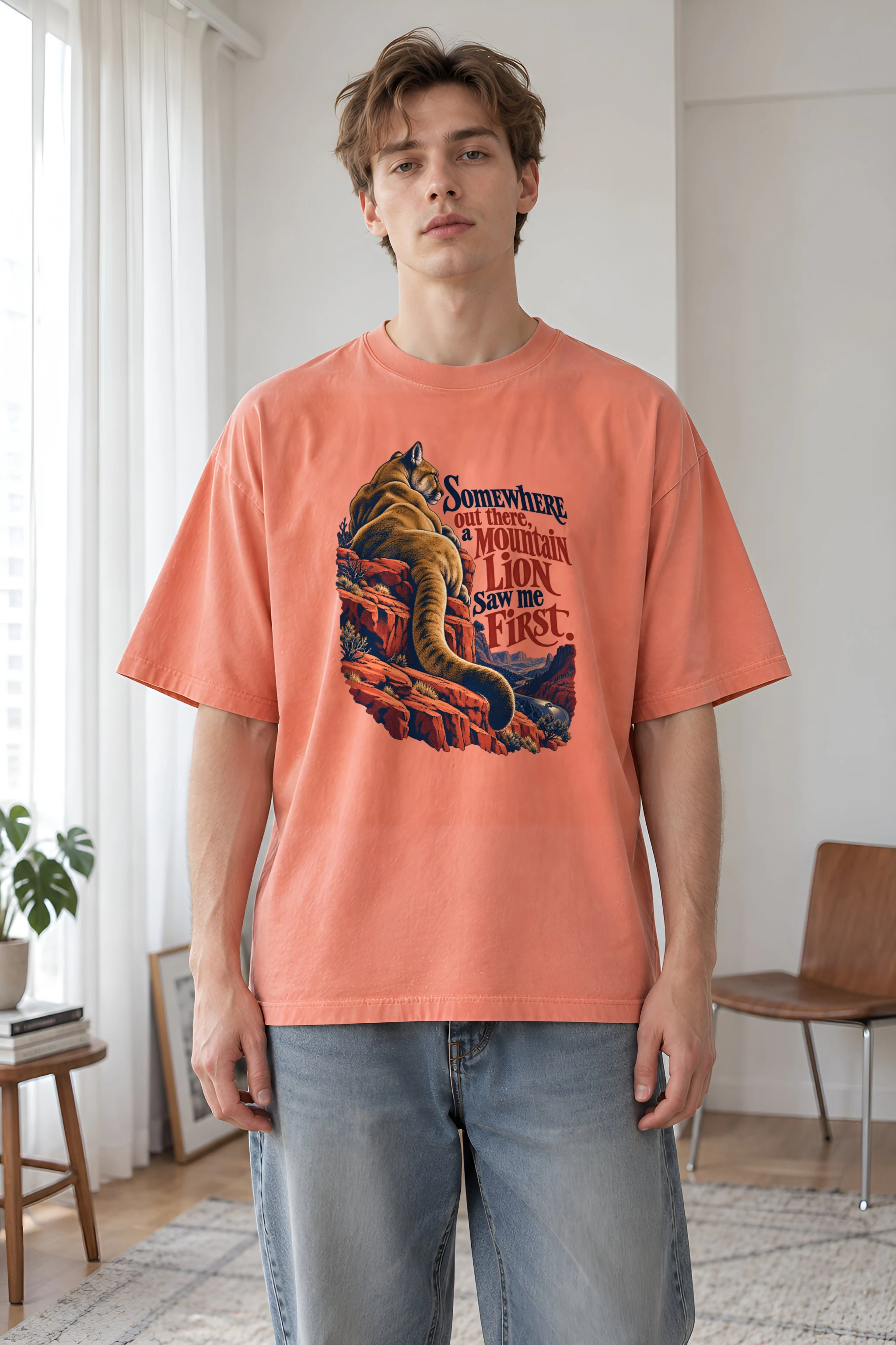 "Mountain Lion Saw Me First" Unisex Oversized Heavyweight Crewneck T-Shirt