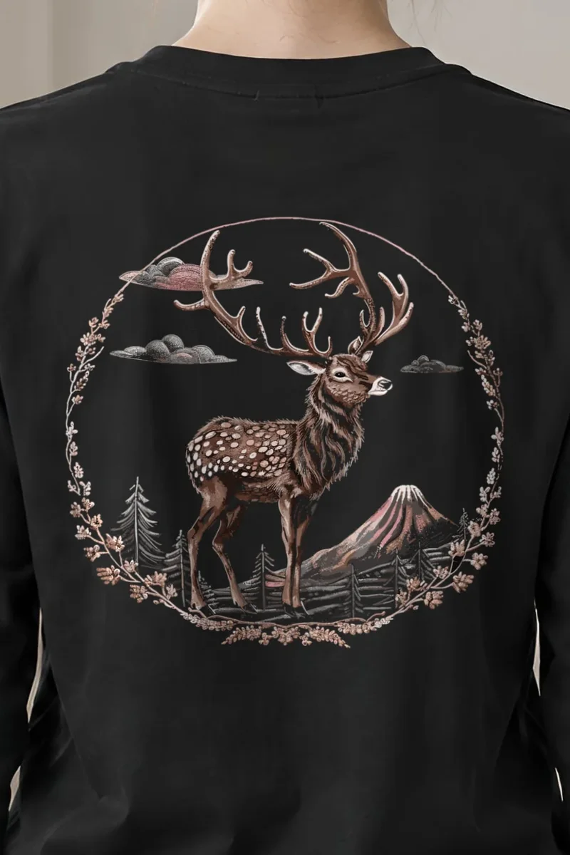 "Mountain Stag Engraving" Unisex Longsleeve T-shirt - the graphic up close