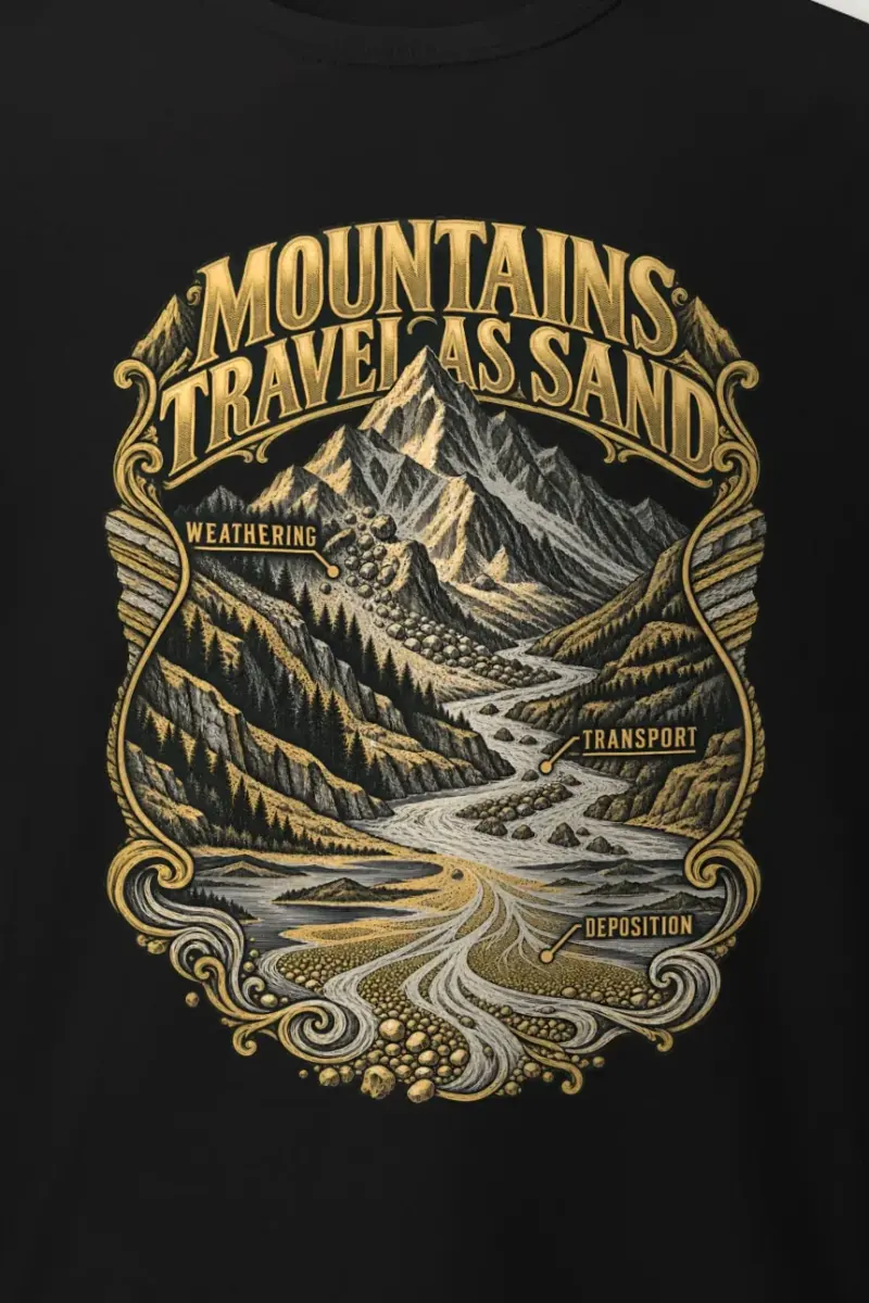 "Mountains Travel As Sand" Heavyweight Unisex Crewneck T-shirt - the graphic up close