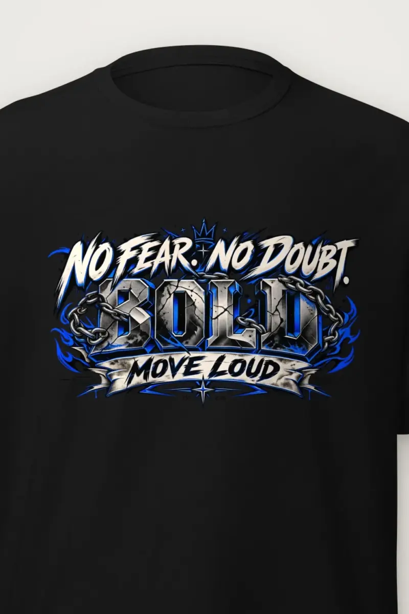 "No Fear No Doubt Banner" Heavyweight Unisex Crewneck T-shirt - the graphic up close