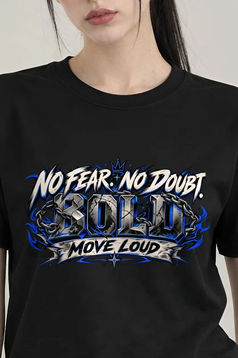 "No Fear No Doubt Banner" Heavyweight Unisex Crewneck T-shirt - the graphic up close
