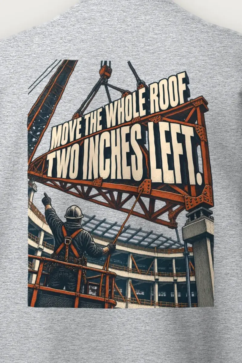 "Move The Whole Roof Two Inches Left" Heavy Blend Unisex Crewneck Sweatshirt - the graphic up close