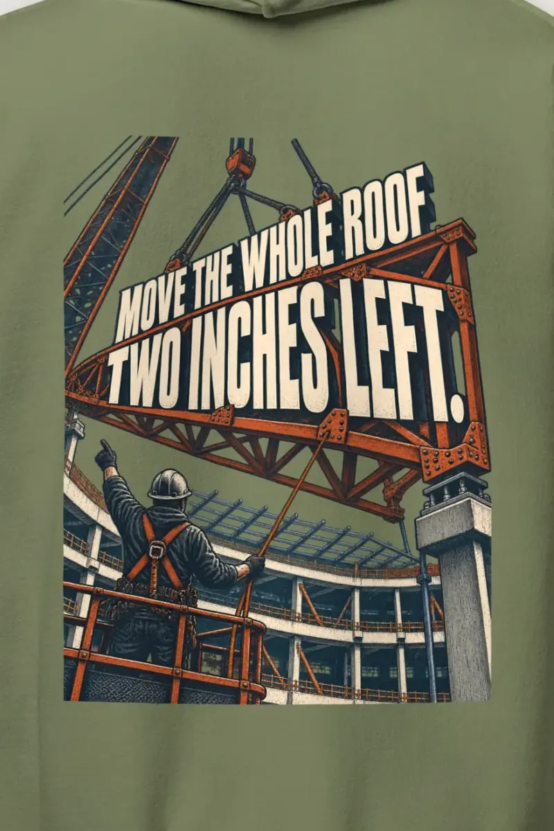 "Move the Whole Roof Two Inches Left" Heavy Blend Unisex Pullover Hoodie - the graphic up close
