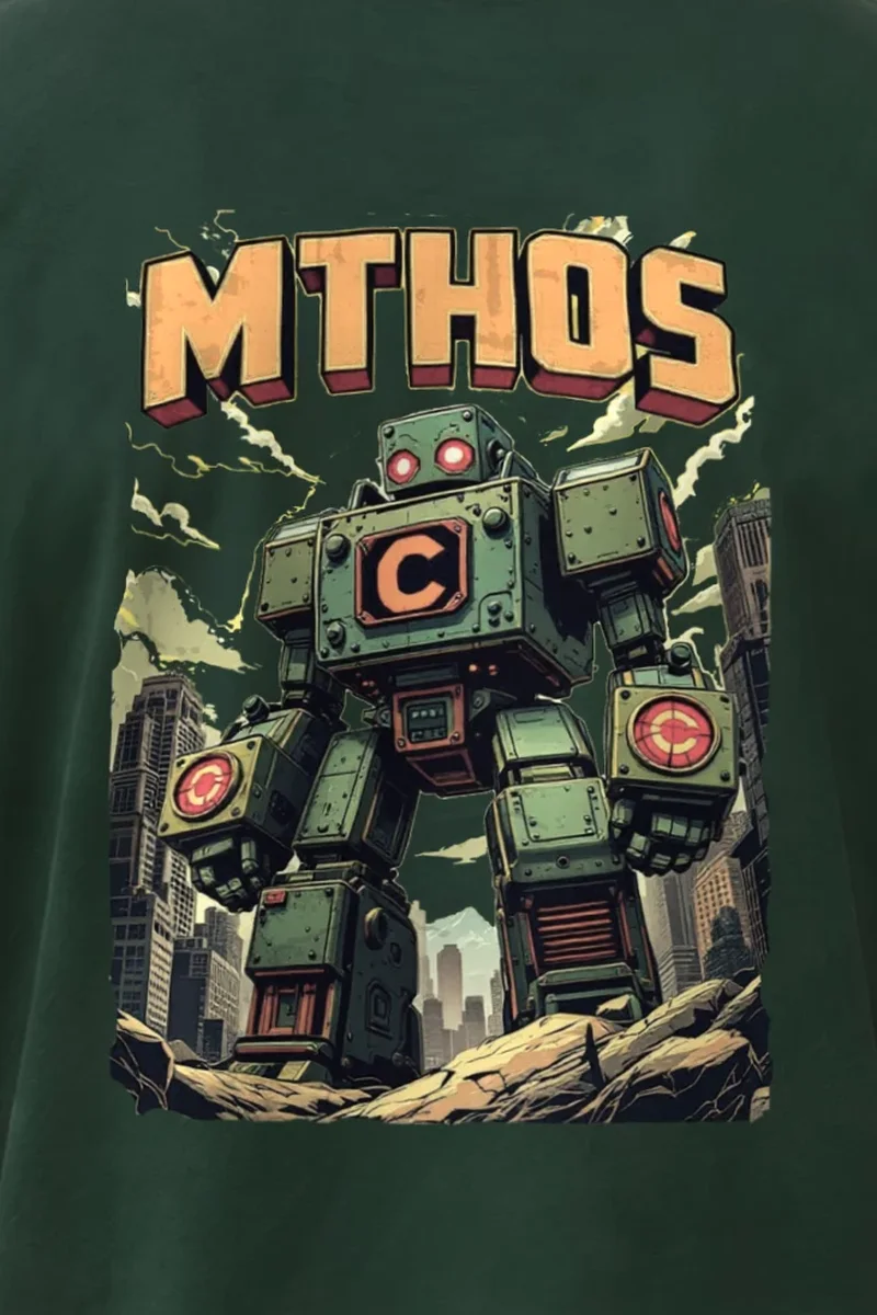 "MTHOS Robot" Heavyweight Unisex Crewneck T-shirt - the graphic up close
