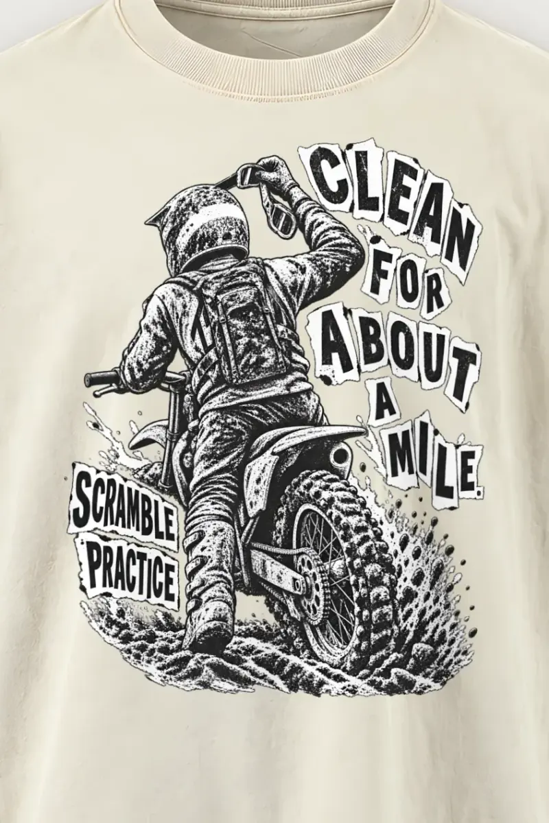 "Muddy Dirt Bike Rider" Men’s Oversized Heavyweight Crewneck T-Shirt - the graphic up close