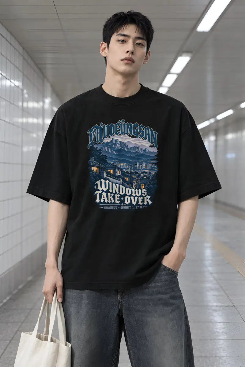 "Mudeungsan Windows Take Over" Men's Oversized Heavyweight Crewneck T-Shirt