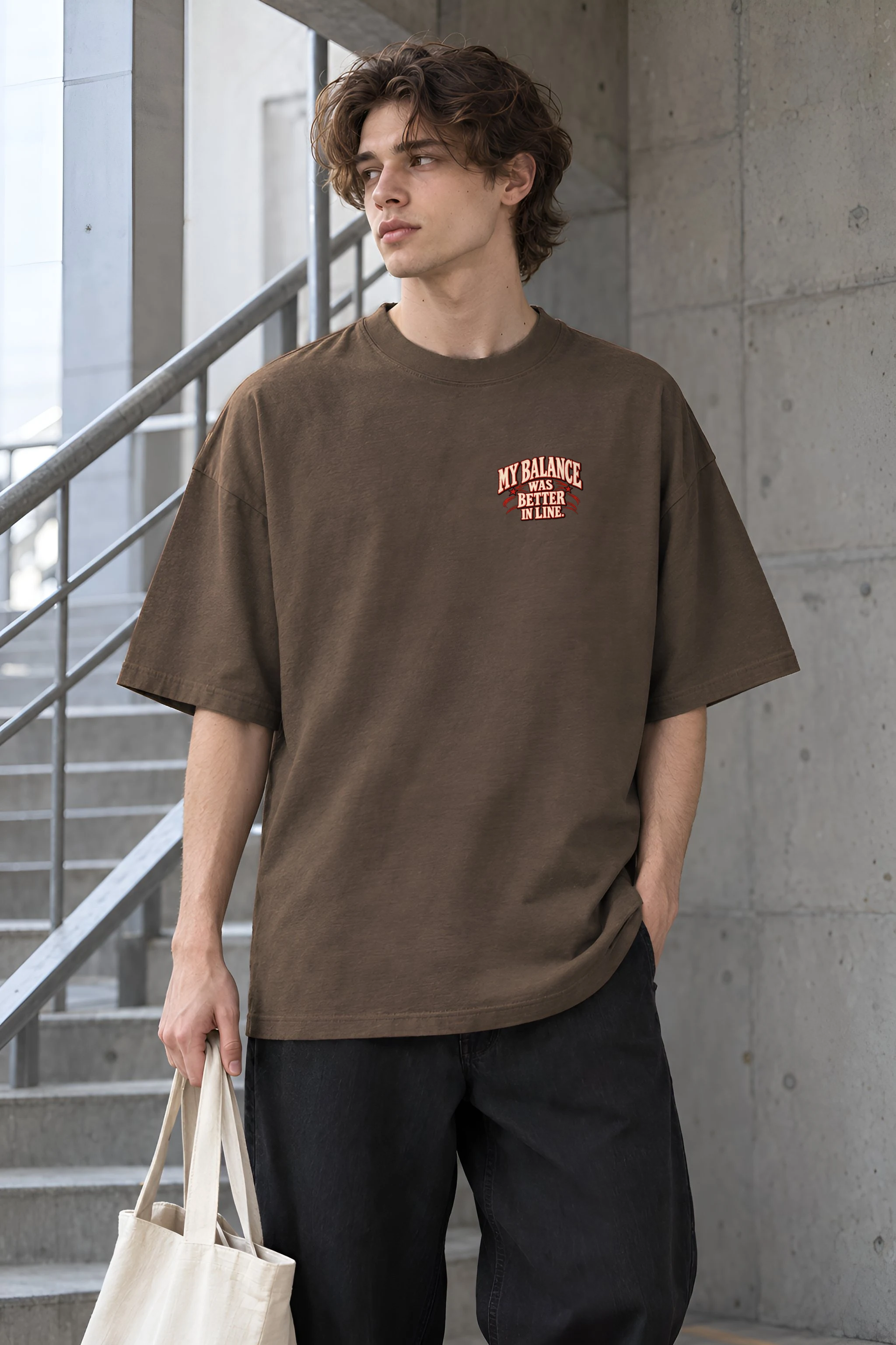 "My Balance Was Better in Line" Men's Oversized Heavyweight Crewneck T-Shirt