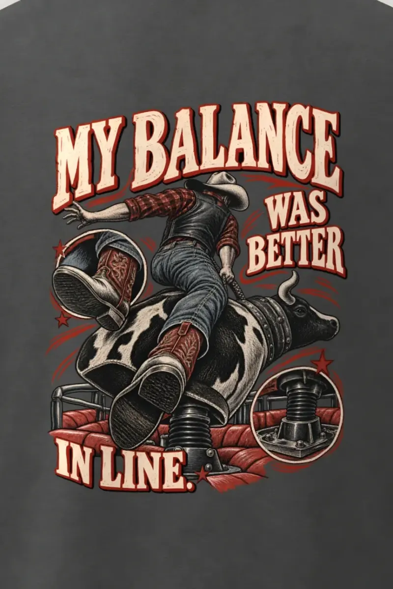 "My Balance Was Better in Line" Men’s Oversized Heavyweight Crewneck T-Shirt - the graphic up close