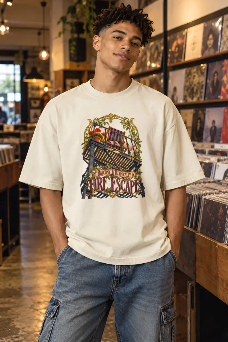 "My Balcony Is Technically a Fire Escape" Unisex Oversized Heavyweight Crewneck T-Shirt