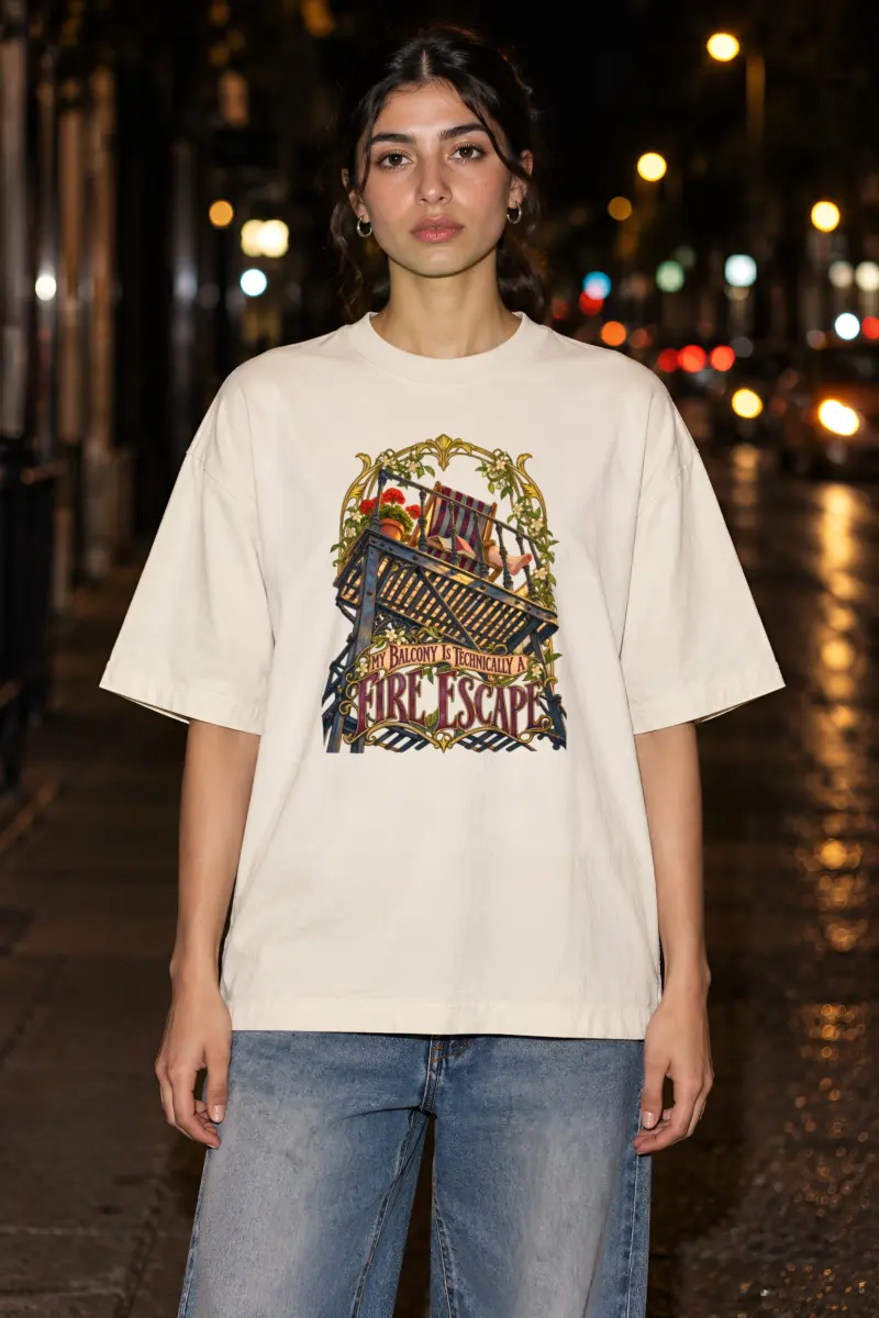 "My Balcony Is Technically a Fire Escape" Unisex Oversized Heavyweight Crewneck T-Shirt