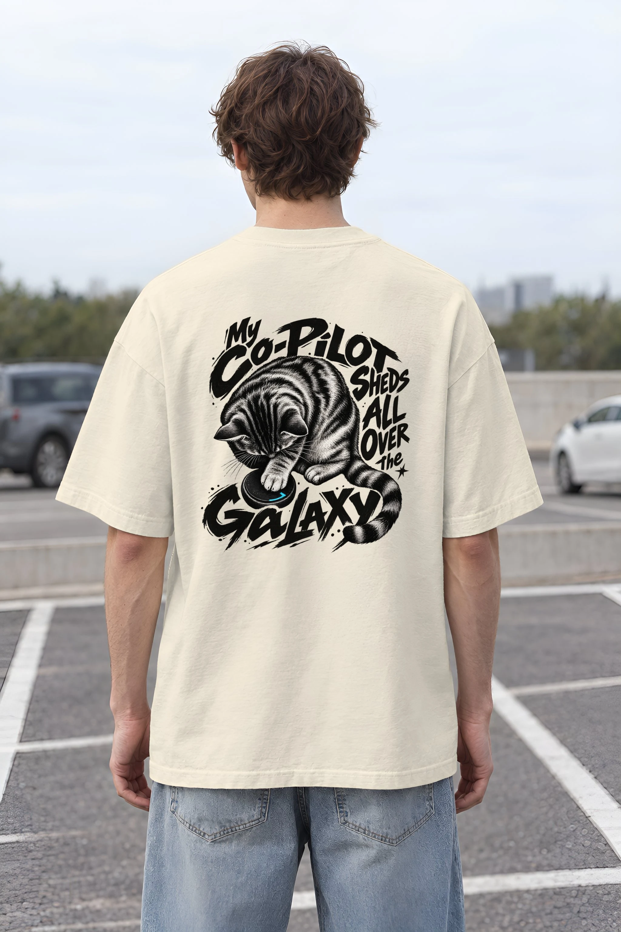 "My Co-Pilot Sheds All Over the Galaxy" Unisex Oversized Heavyweight Crewneck T-Shirt