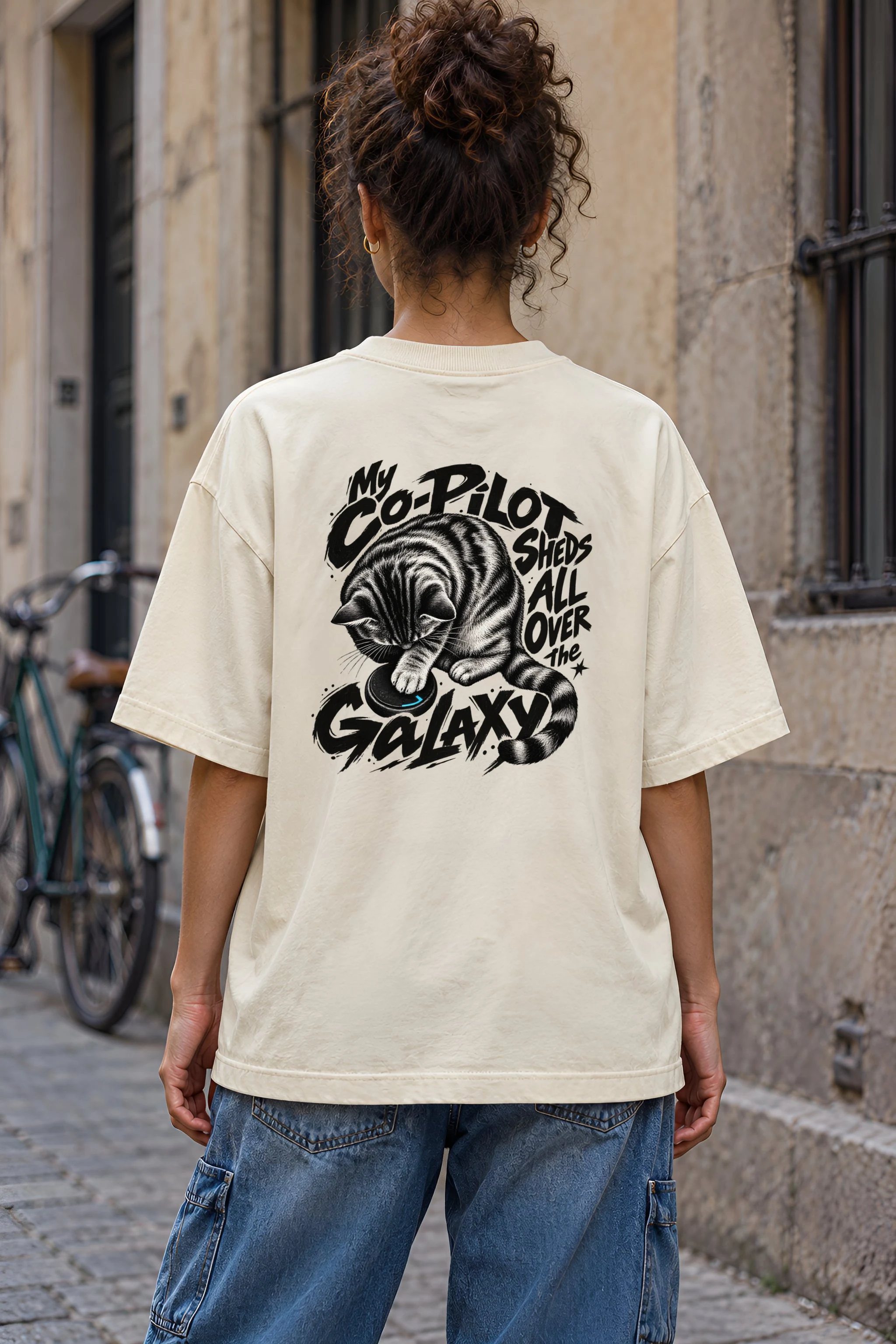 "My Co-Pilot Sheds All Over the Galaxy" Unisex Oversized Heavyweight Crewneck T-Shirt