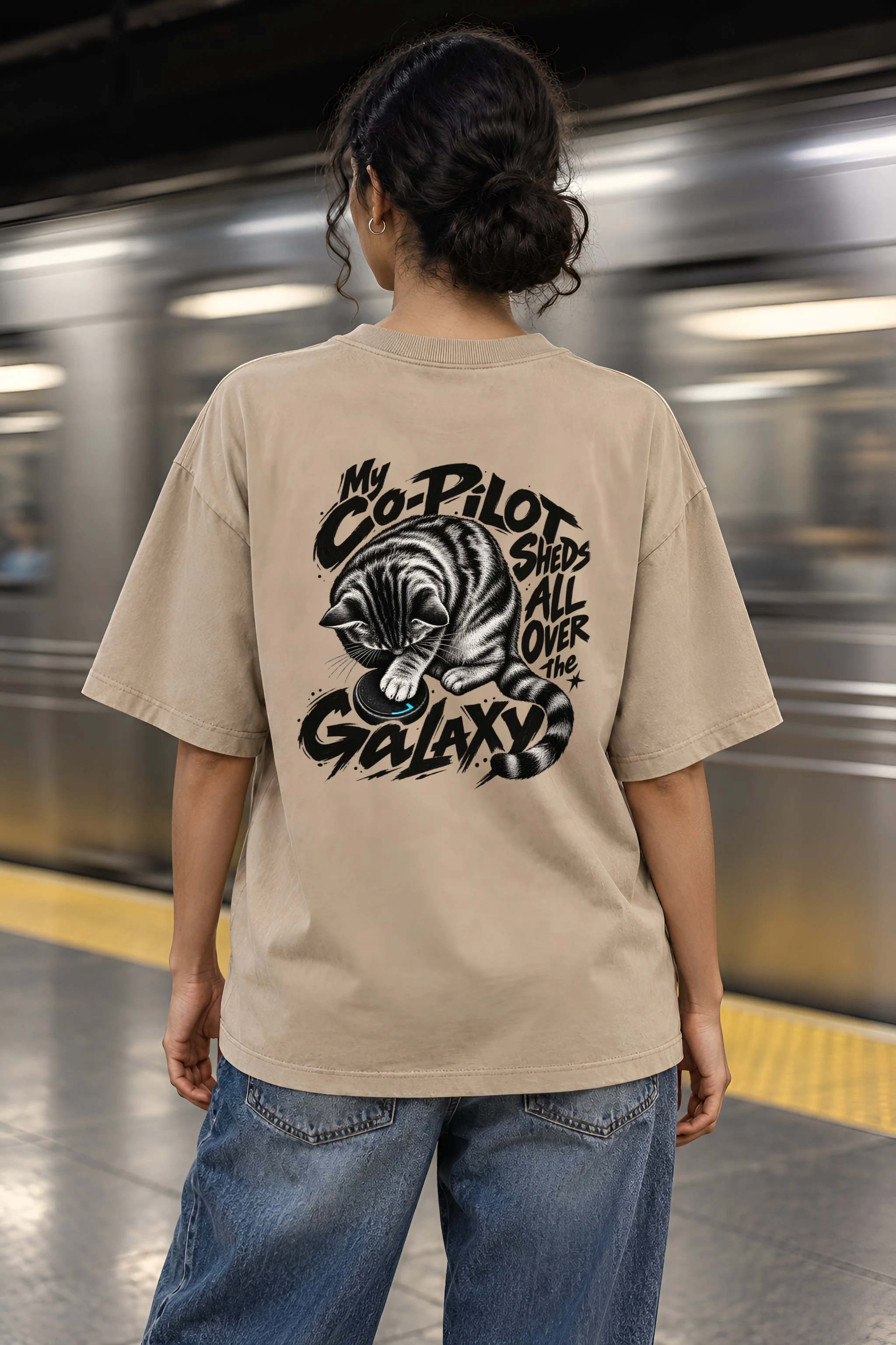 "My Co-Pilot Sheds All Over the Galaxy" Unisex Oversized Heavyweight Crewneck T-Shirt