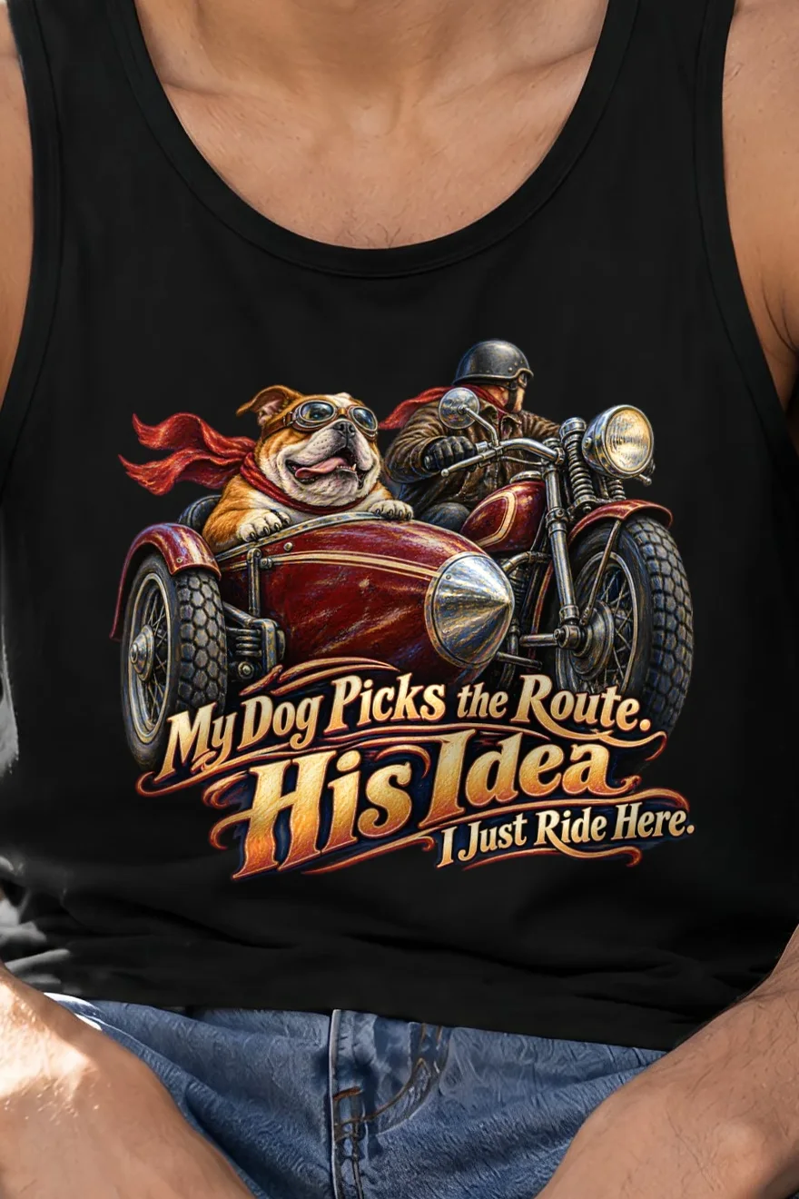 "My Dog Picks the Route" Unisex Jersey Tank - the graphic up close