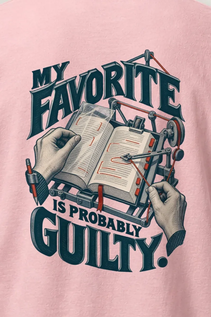 "My Favorite Is Probably Guilty" Heavyweight Unisex Crewneck T-shirt - the graphic up close