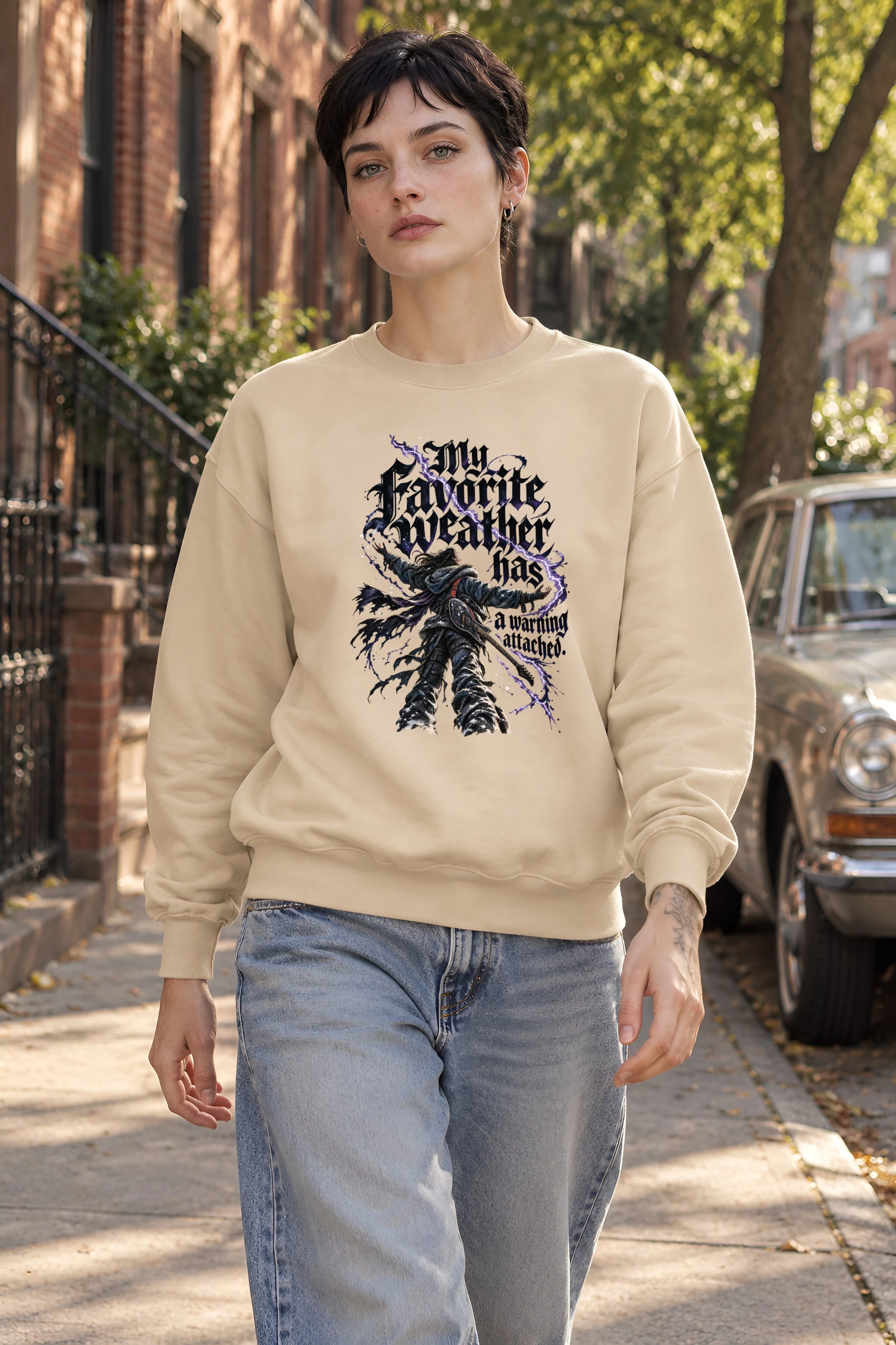 "My Favorite Weather Has a Warning Attached" Unisex Crewneck Sweatshirt