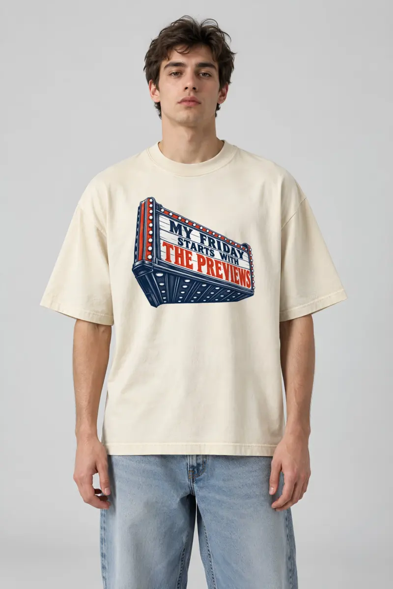 “My Friday Starts With the Previews” Men’s Oversized Heavyweight Crewneck T-Shirt