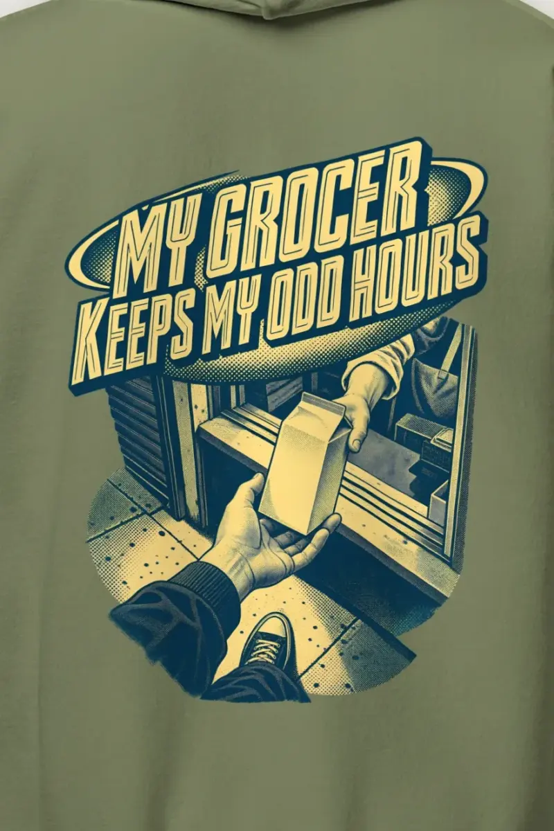 "MY GROCER KEEPS MY ODD HOURS" Heavy Blend Unisex Pullover Hoodie - the graphic up close