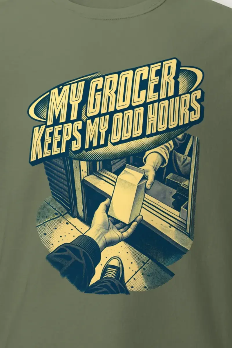 "MY GROCER KEEPS MY ODD HOURS" Heavyweight Unisex Crewneck T-shirt - the graphic up close