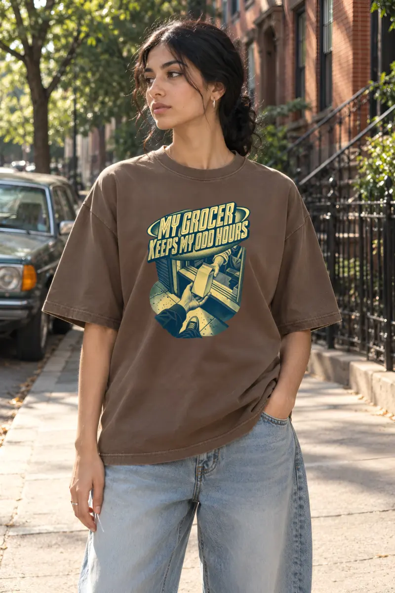 "MY GROCER KEEPS MY ODD HOURS" Unisex Oversized Heavyweight Crewneck T-Shirt