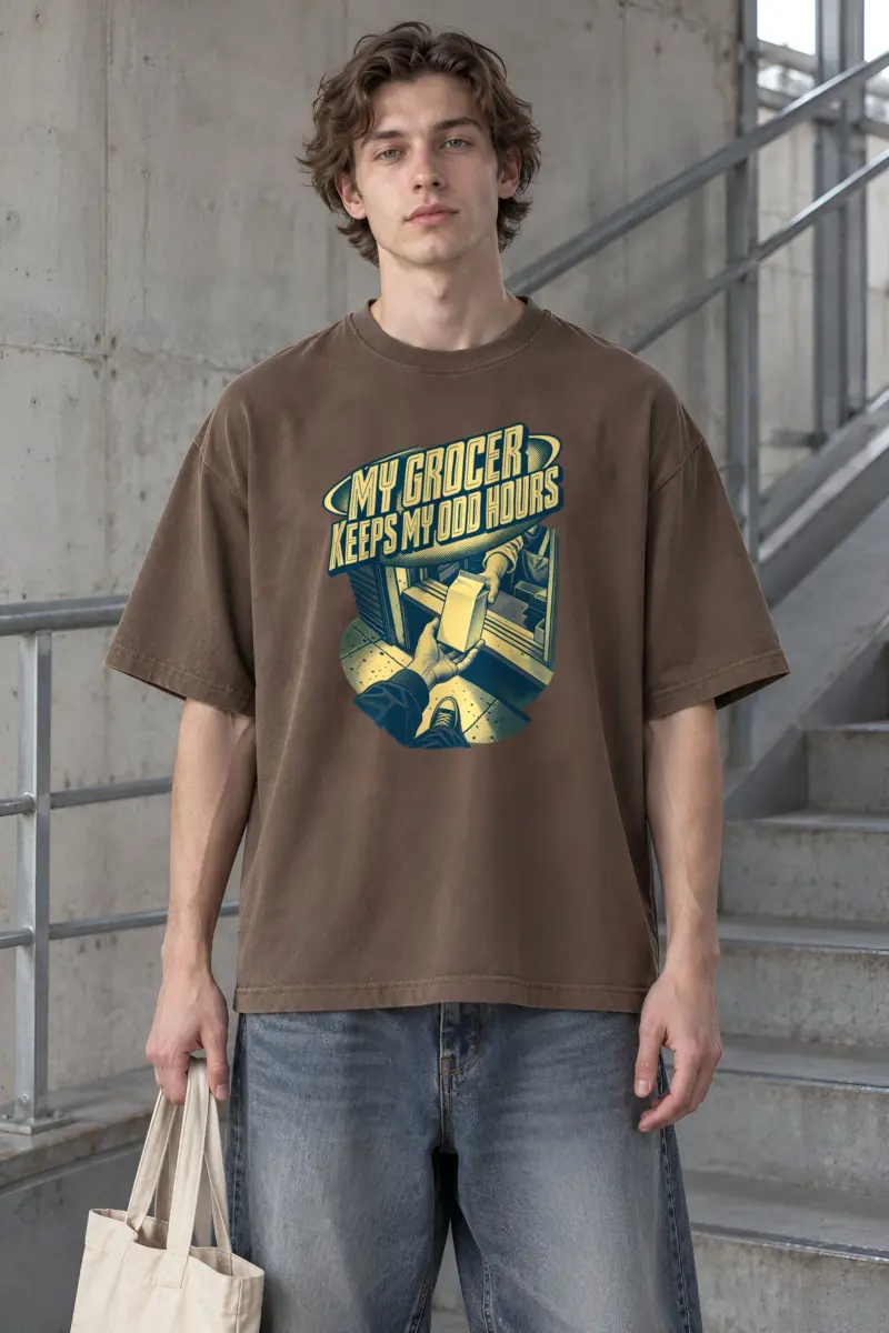 “MY GROCER KEEPS MY ODD HOURS” Men’s Oversized Heavyweight Crewneck T-Shirt
