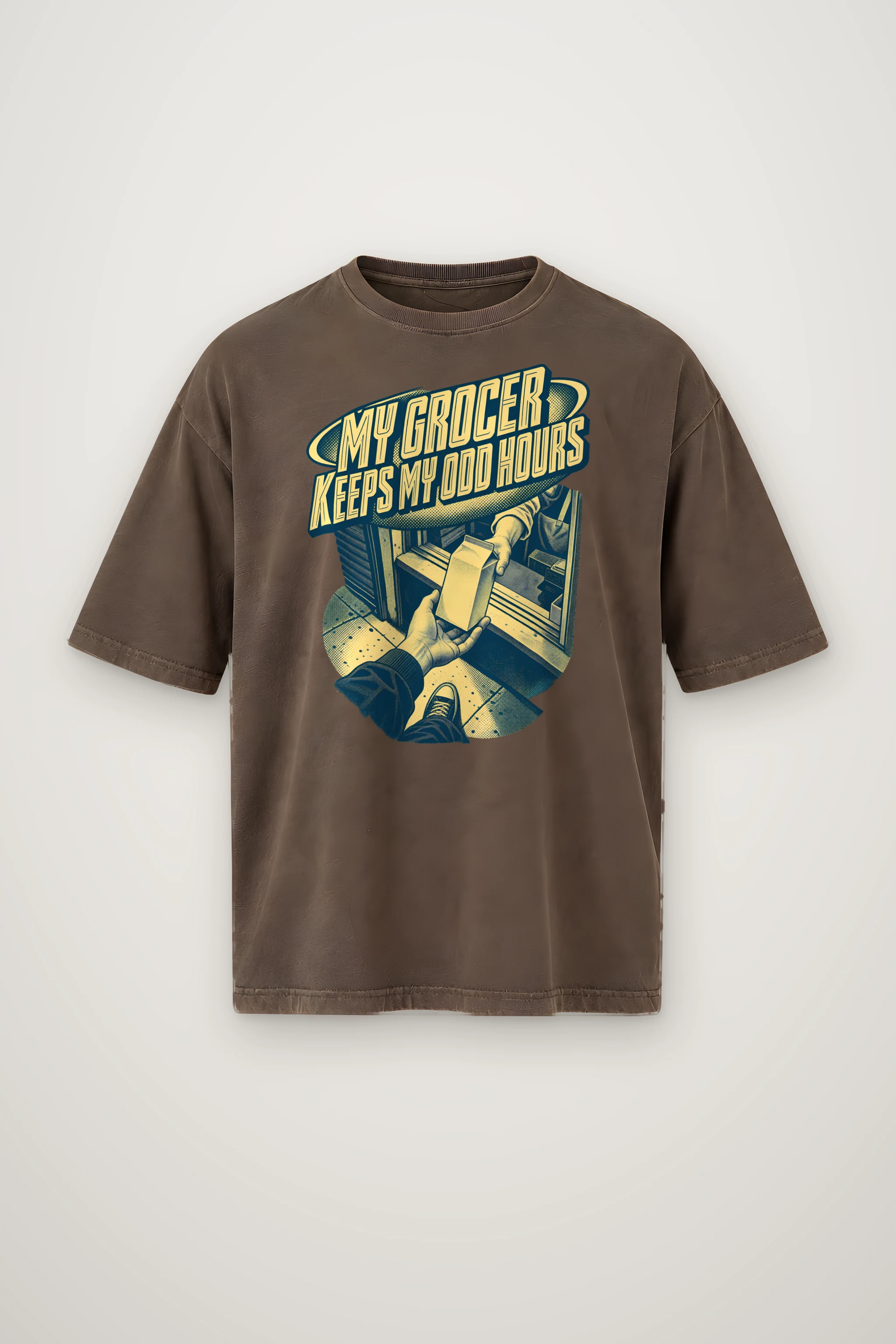"MY GROCER KEEPS MY ODD HOURS" Men's Oversized Heavyweight Crewneck T-Shirt