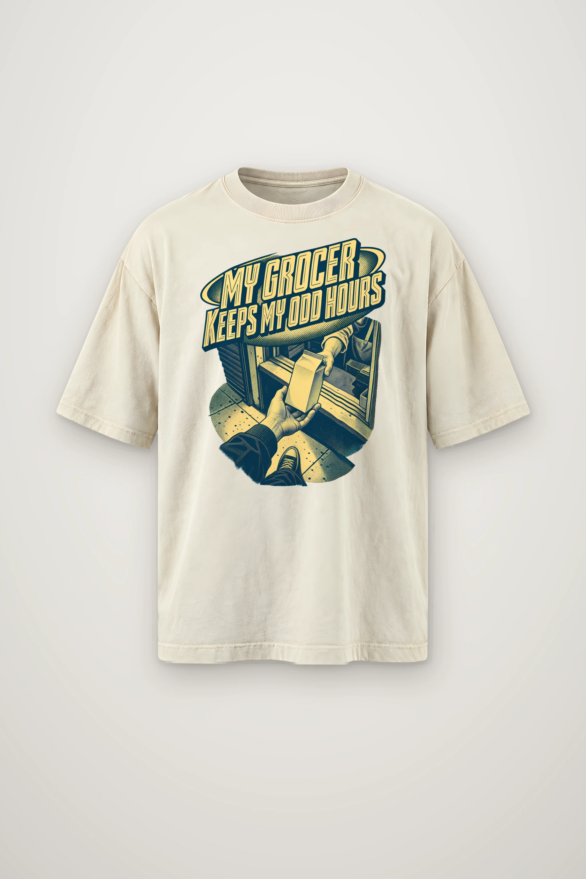 "MY GROCER KEEPS MY ODD HOURS" Men's Oversized Heavyweight Crewneck T-Shirt